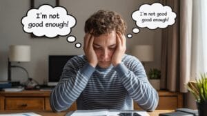 A person with a furrowed brow, head in hands, looking down, plagued by toxic thoughts