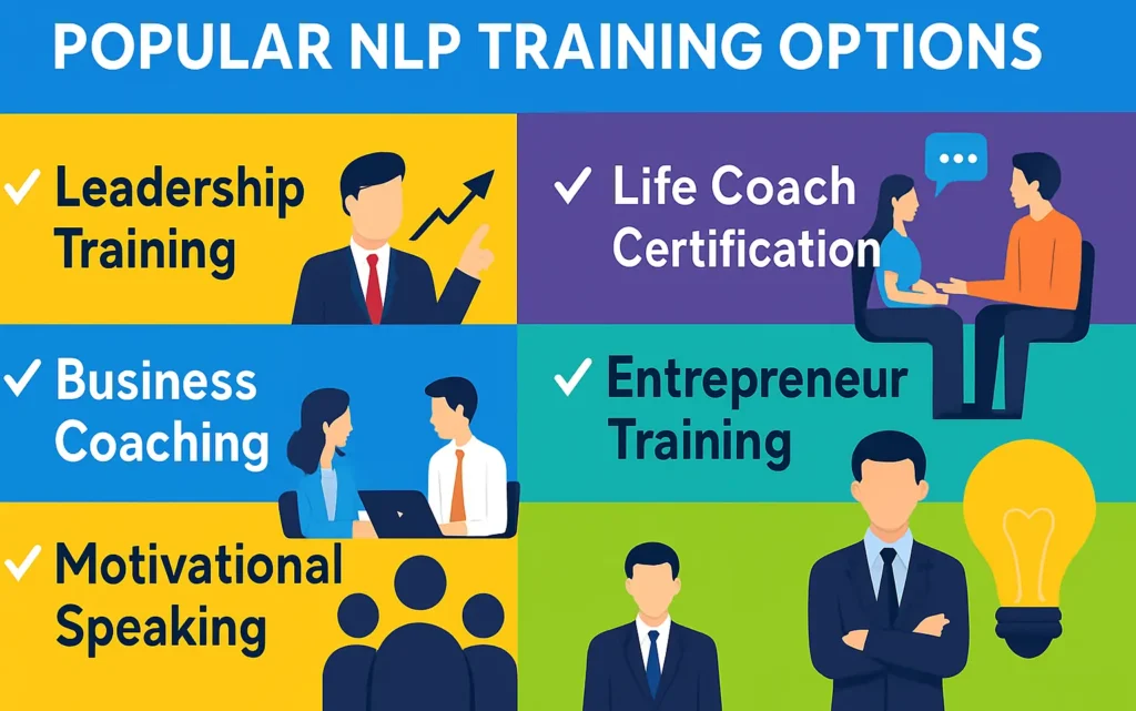 Popular NLP training options including leadership, coaching, entrepreneurship, and speaking.