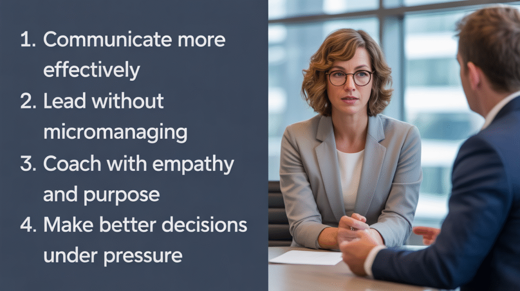 A professional coach guides a leader. The text lists skills: communicate, lead without micromanaging, coach with empathy, make better decisions under pressure.