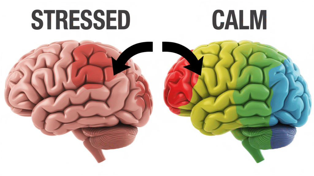 Illustration of stressed vs calm brain with arrows showing transition from red to colorful relaxed state.