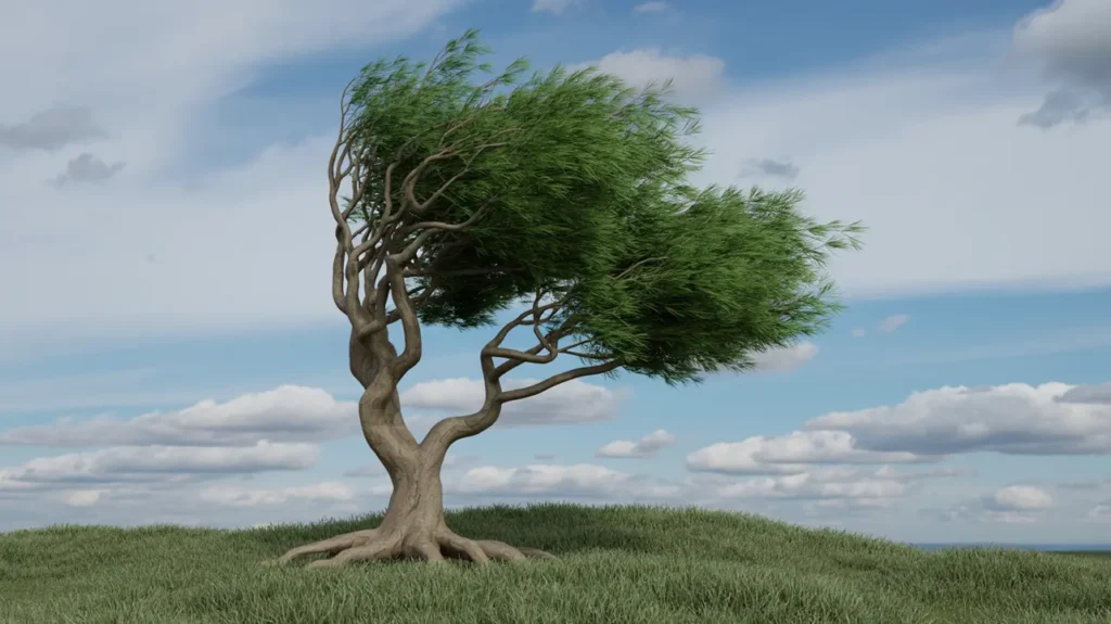 A flexible, strong tree on a grassy hill, its branches bending in a strong wind.