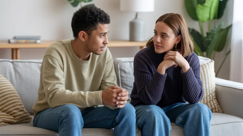 A couple or two friends sitting on a couch, engaged in a serious conversation.