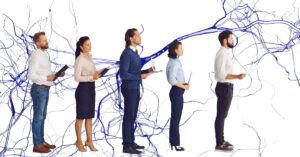 NLP Practitioner training concept showing people connected by neural pathways and growth mindset.