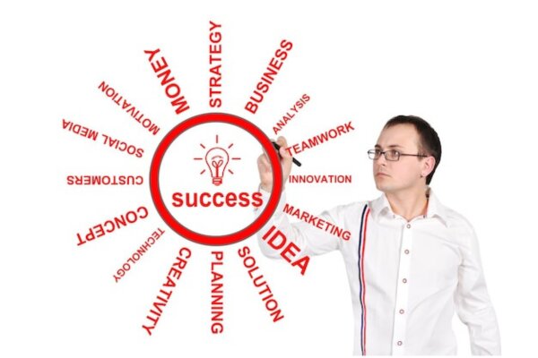 A man illustrates a circle with success for business strategies