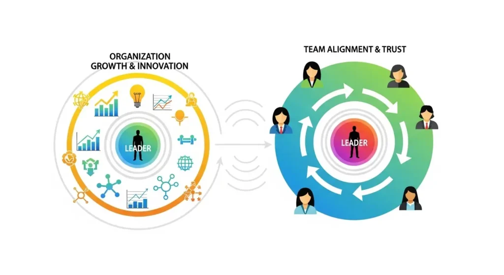 Diagram showing a leader at the center, with "Organization Growth & Innovation" (left) and "Team Alignment & Trust" (right) concepts, featuring icons and team members.