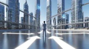 A person stands at the center of a futuristic city with glowing arrows pointing in all directions, representing Decision-Making.