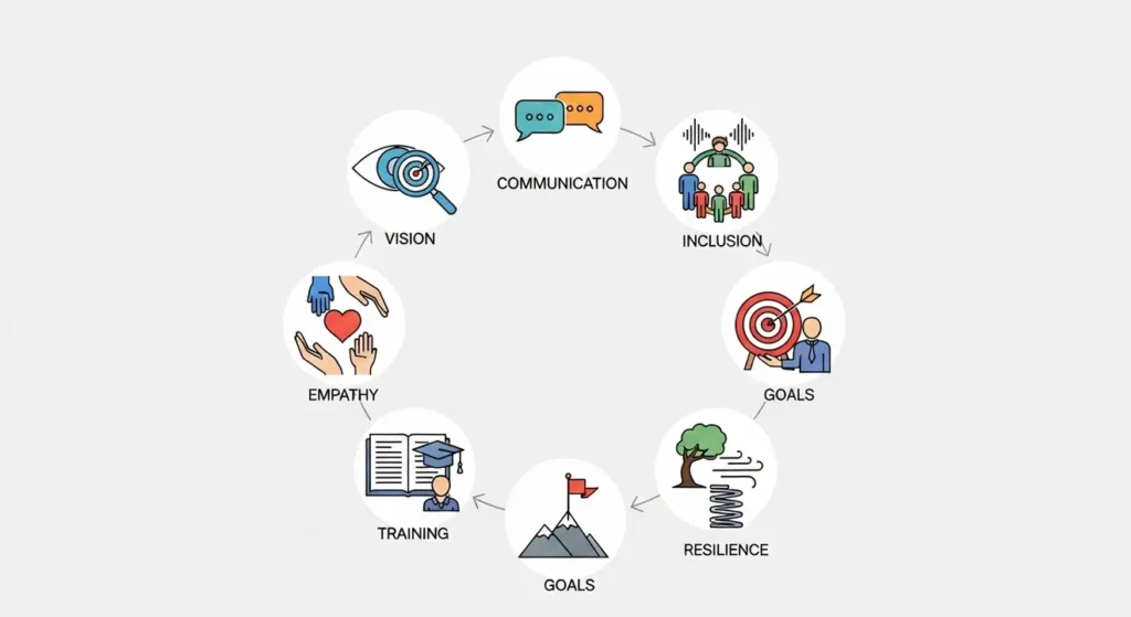 A circular diagram showing Core Strategies for Effective Leadership: Vision, Communication, Inclusion, Goals, Resilience, Training, and Empathy.