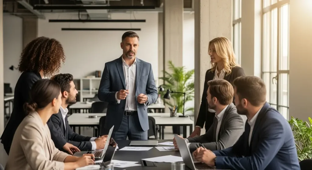 Male team leader discusses Core Strategies for Effective Leadership with diverse team in a modern office.