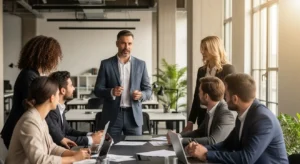 Male team leader discusses Core Strategies for Effective Leadership with diverse team in a modern office.
