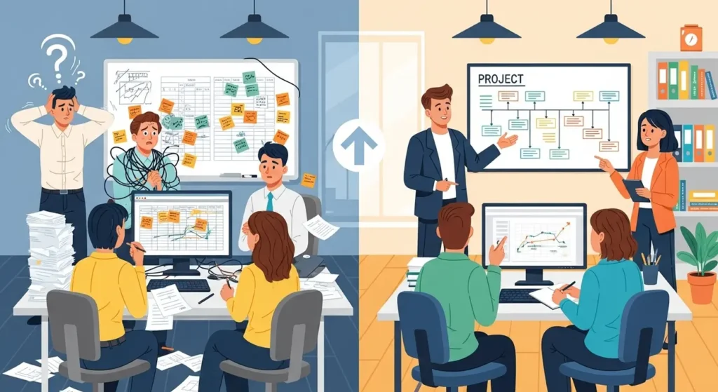 A visual comparison showing a chaotic, unorganized team on the left versus a productive, well-managed team on the right.