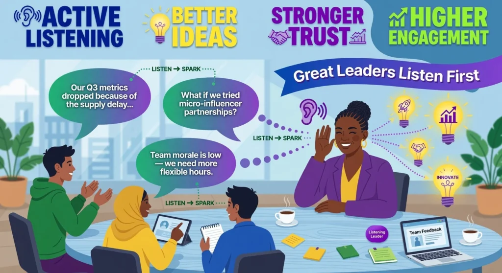 Active listening helps leaders build trust, improve ideas, and increase team engagement
