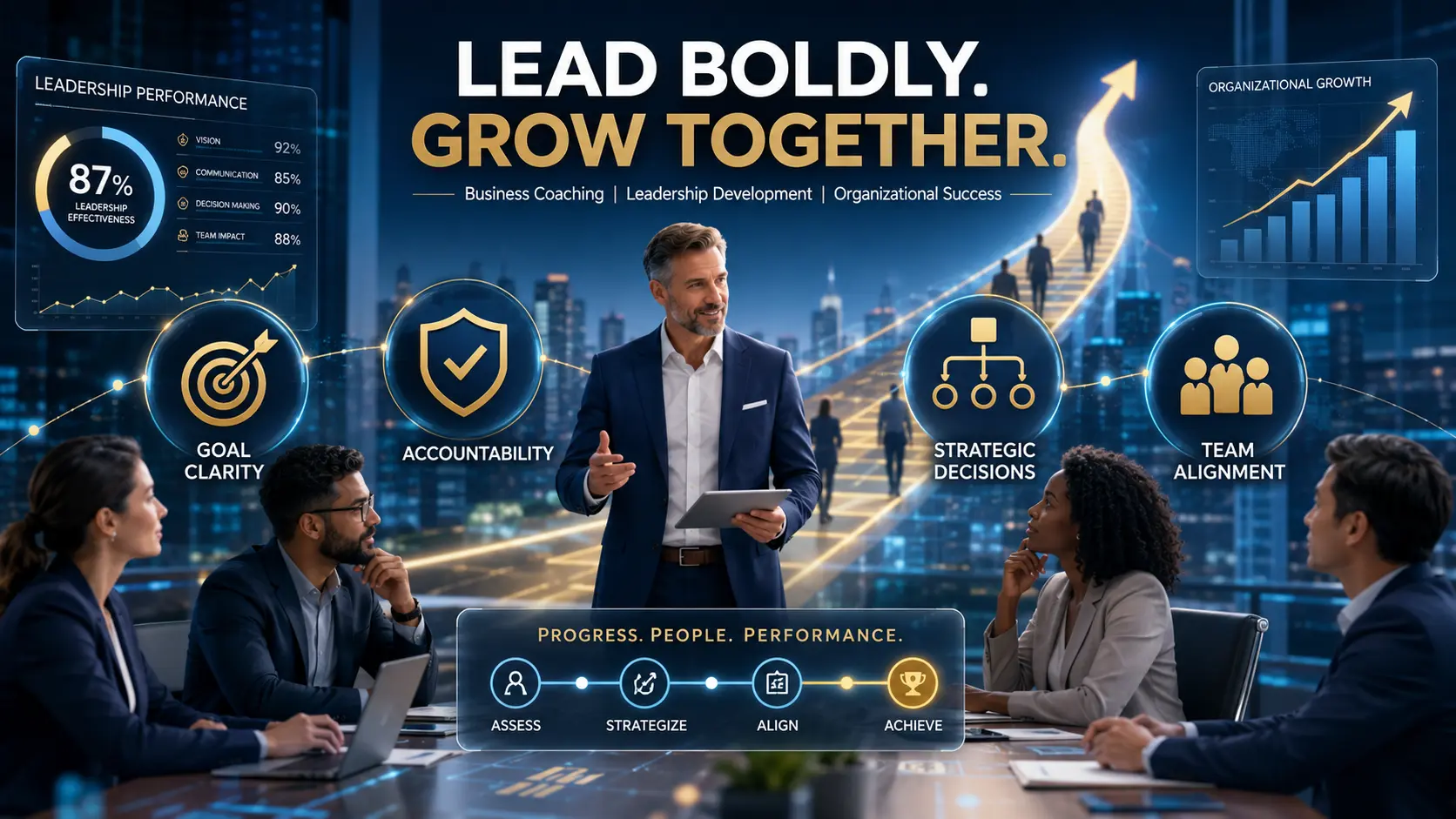 Business leader guiding a team with goal clarity, accountability, strategic decision-making, and team alignment driving organizational growth and leadership success.