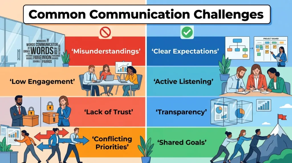 Common communication challenges and workplace solutions including trust and active listening