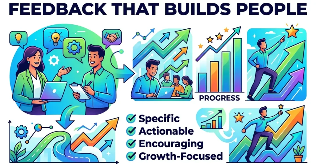 Infographic showing how constructive feedback builds people through specific, actionable, encouraging, and growth-focused communication that improves performance and professional development.