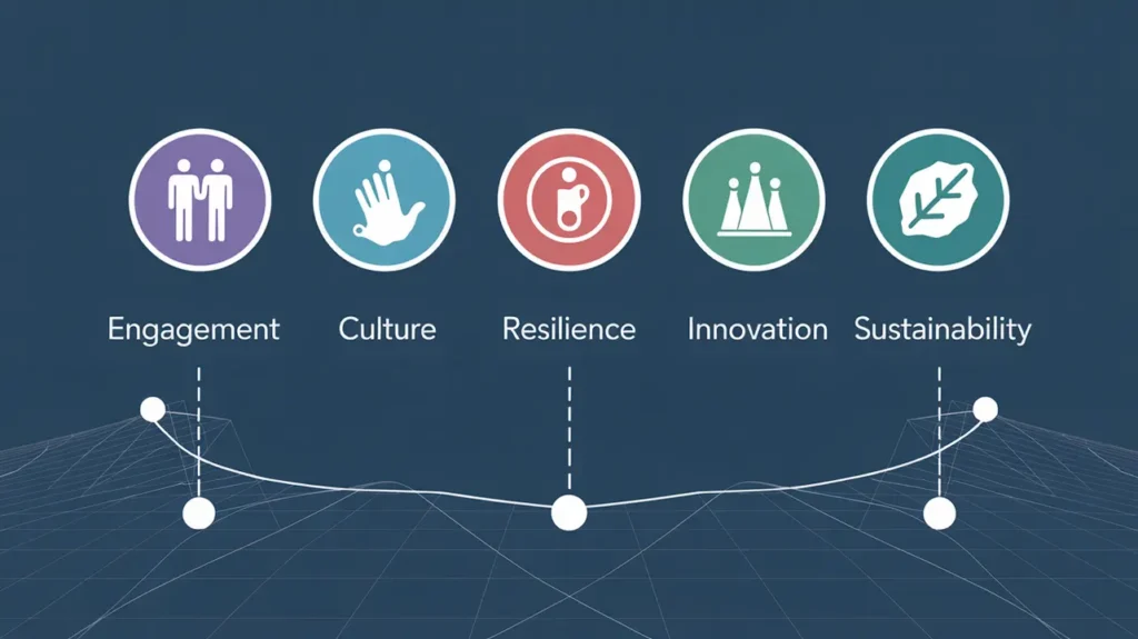 An infographic showing five core business pillars: Engagement, Culture, Resilience, Innovation, and Sustainability.