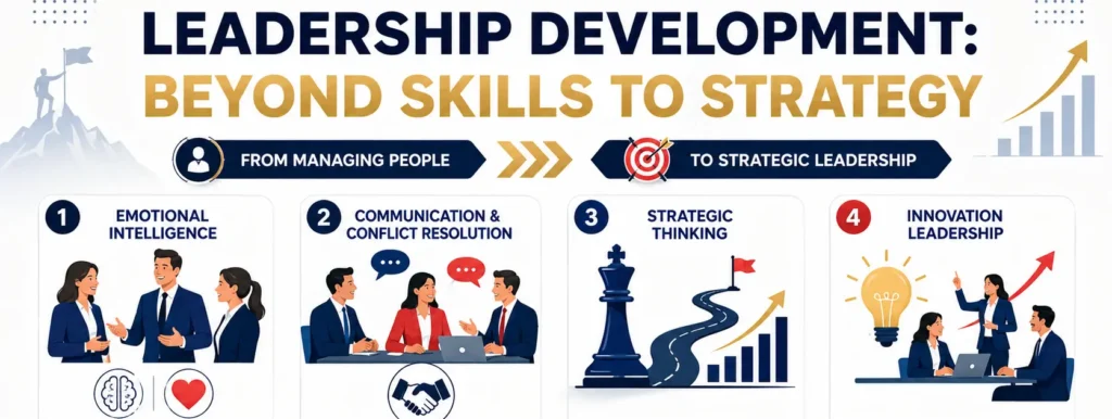 Leadership development infographic showing emotional intelligence, communication, strategic thinking, and innovation leadership as key steps from people management to strategic leadership success.