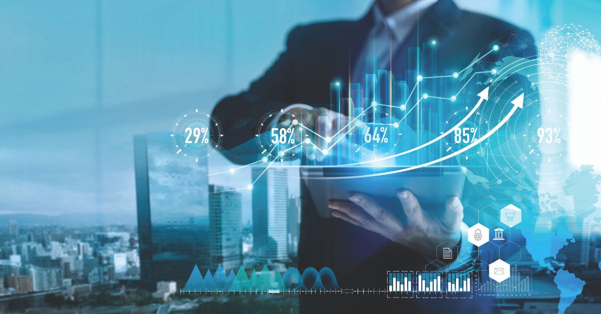 Business professional analyzing data on a tablet in a modern office setting. The screen displays an upward-trending graph with key metrics: 29%, 58%, 64%, 85%, and 93%, symbolizing growth or success rates. Surrounding the tablet are interactive icons representing security (lock), commerce (shopping cart), and documentation (file), alongside additional charts and network diagrams. The blurred cityscape in the background reinforces the corporate context. The imagery conveys themes of data-driven decision-making, technological integration, and strategic business growth.