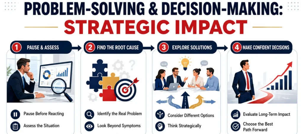 Problem-solving and decision-making infographic illustrating pause and assess, identify root causes, explore solutions, and make confident strategic decisions for long-term business success.