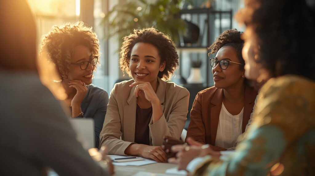 Diverse group of leaders in a mentorship session focused on inspiring leadership development.