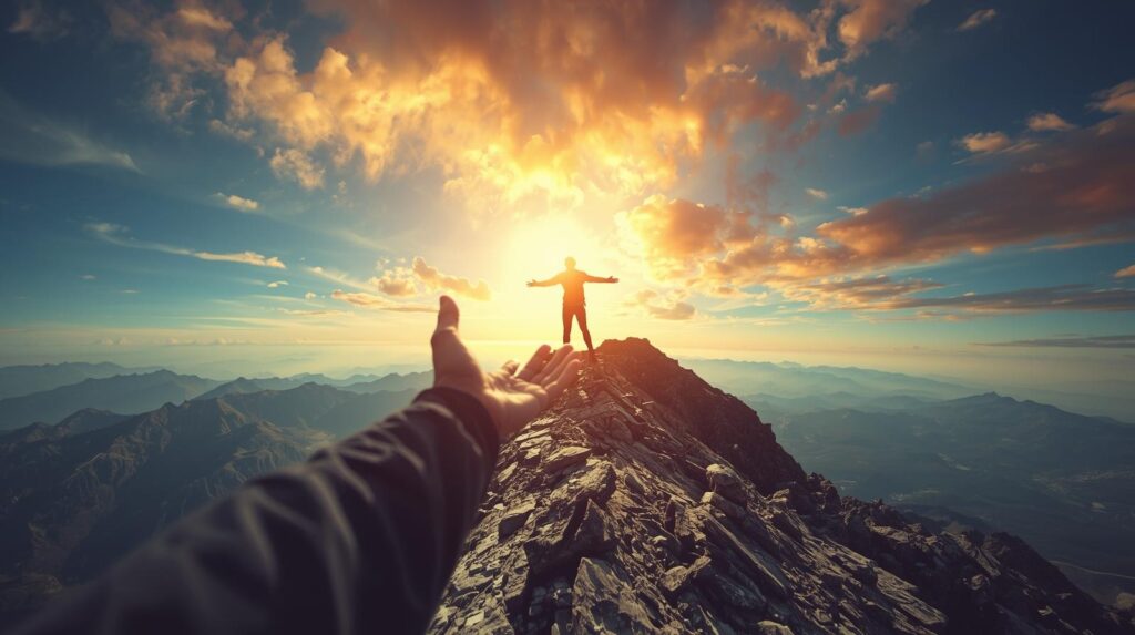 Inspirational image of someone climbing a mountain or reaching for goals