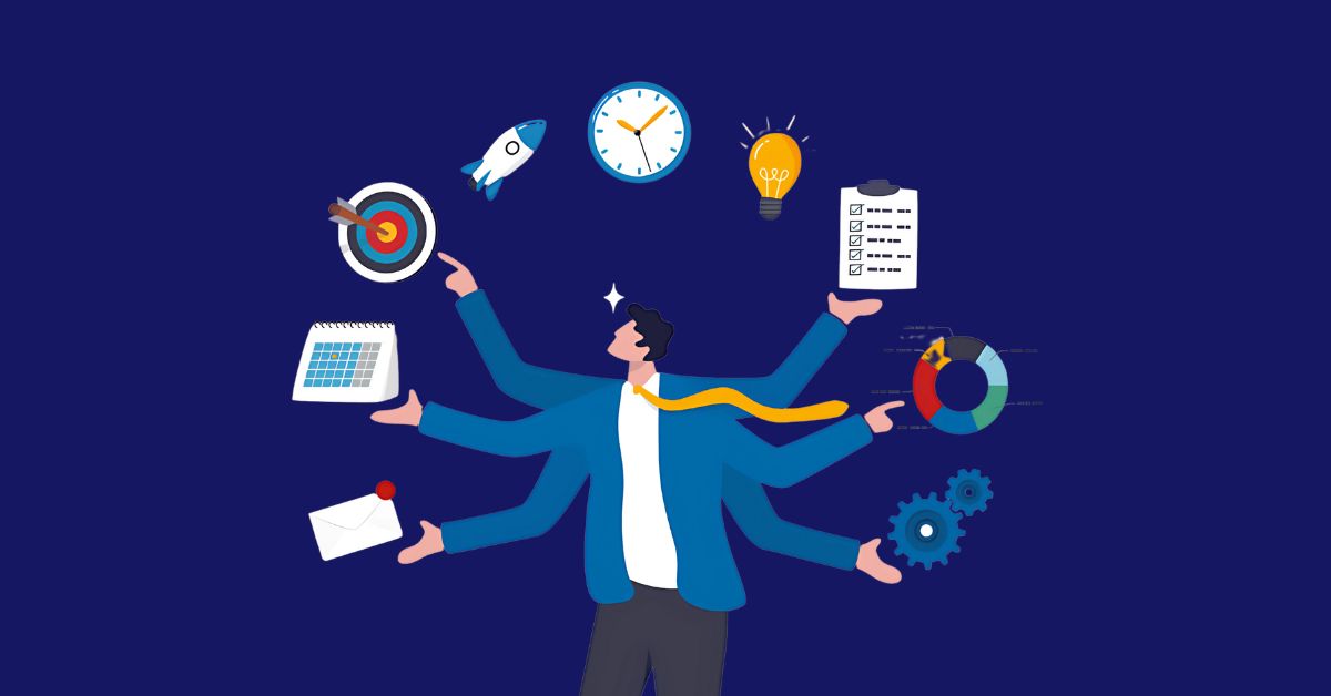 A vibrant illustration of a businessman multitasking against a deep blue background. The central figure, dressed in a blue blazer over a white shirt, has six extended arms, each performing distinct actions: - **Top Left**: Launching a blue rocket (symbolizing ambition or innovation). - **Top Center**: Aiming an arrow at a target (representing goal-setting). - **Top Right**: Holding a glowing yellow lightbulb (signifying ideas or creativity). - **Middle Left**: Managing a calendar and envelope (organizing schedules and communication). - **Middle Right**: Balancing gears and a pie chart (managing processes and data). - **Bottom Center**: Clutching a clipboard with a checklist (tracking tasks). The character’s focused expression and dynamic poses emphasize efficiency, adaptability, and the complexity of juggling diverse responsibilities in a professional environment. The bold colors (blue, yellow, white) and clean lines create a modern, energetic aesthetic, reinforcing themes of productivity and strategic oversight.
