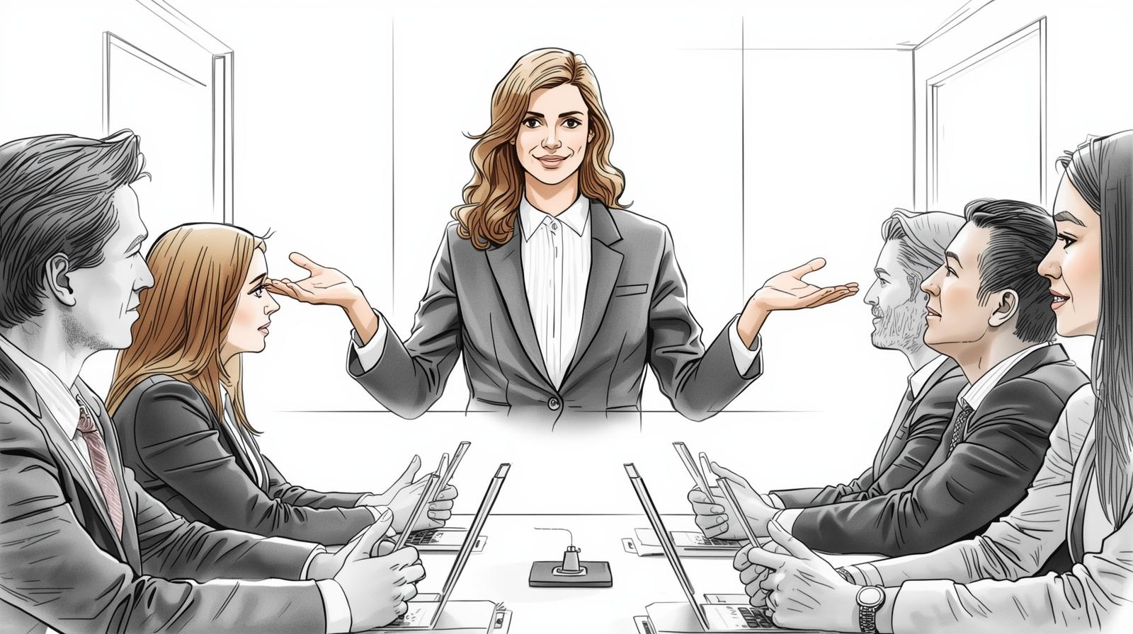 Professional image showing someone taking responsibility in a meeting