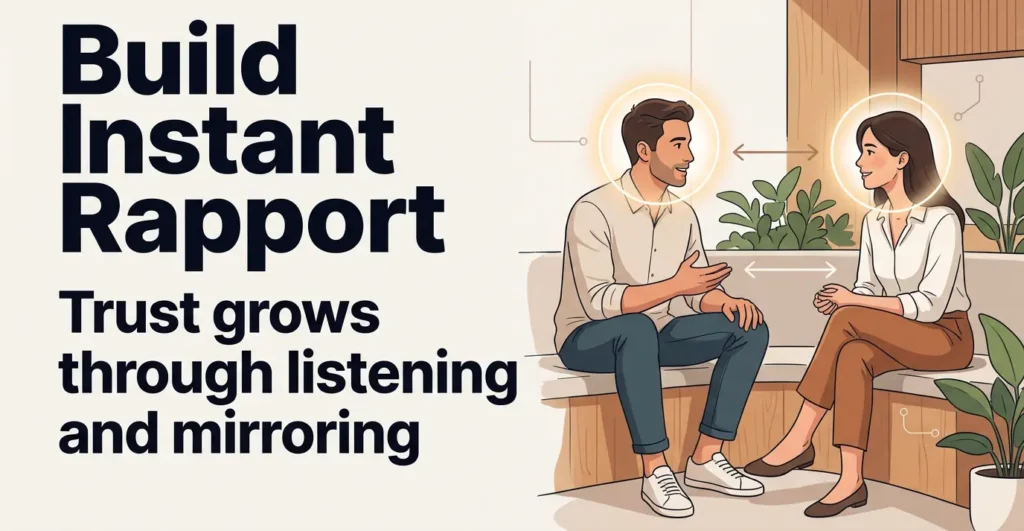 Infographic showing how instant rapport is built through active listening, mirroring, and trust-based communication