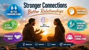 Build stronger connections using NLP and Timeline Therapy with trust, communication, emotional awareness, and deeper relationships infographic