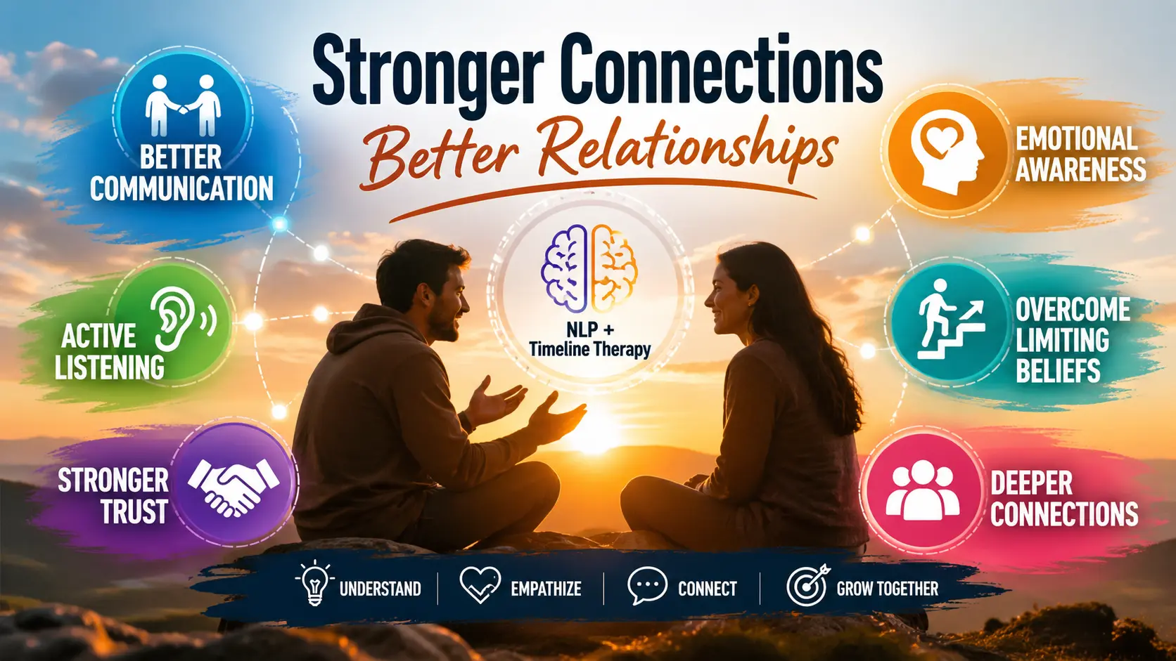 Build stronger connections using NLP and Timeline Therapy with trust, communication, emotional awareness, and deeper relationships infographic