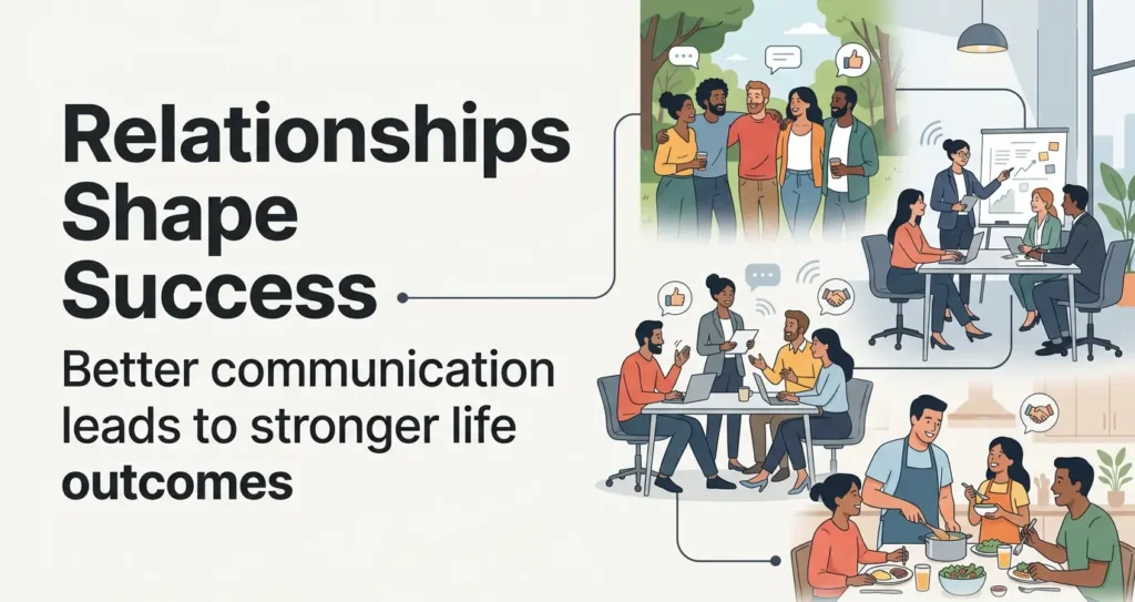 Infographic showing how better communication strengthens relationships and improves personal, family, and workplace success