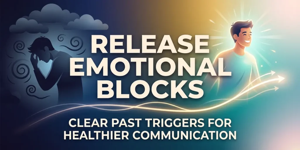 Infographic showing how clearing emotional blocks and past triggers improves healthier communication and stronger relationships