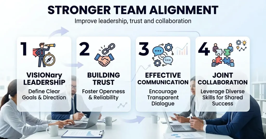Infographic showing stronger team alignment through leadership, trust, effective communication, and collaboration in the workplace