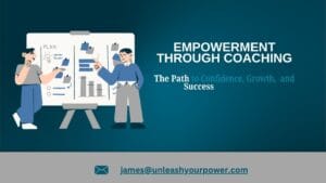 The image is a promotional graphic for "Empowerment Through Coaching," subtitled "The Path to Confidence, Growth, and Success." On the left side, a cartoon-style illustration depicts two figures interacting with a whiteboard labeled "PLAN." One figure, with dark hair and wearing a gray shirt and blue pants, is gesturing towards a lightbulb and upward-trending graph on the whiteboard. The other figure, with short dark hair and wearing a blue sweater and gray pants, is pointing to a bar chart on the same whiteboard with a marker. Sticky notes with checkmarks are also visible on the board. To the right of the illustration, the title "EMPOWERMENT THROUGH COACHING" is prominently displayed in a large, white, sans-serif font. Below it, the subtitle "The Path to Confidence, Growth, and Success" is written in a smaller, teal, sans-serif font. At the very bottom of the image, a gray bar contains an email address, "james@unleashyourpower.com," preceded by a teal envelope icon, suggesting a way to contact the service being advertised. The overall design is clean and professional, aiming to convey a message of guidance and positive development through coaching.