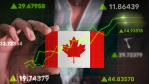Image of a hand holding the Canadian flag with upward stock charts, symbolizing Profitable Businesses, and rising financial numbers on a digital background.
