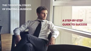 A slightly desaturated image features a young man, appearing to be in his late twenties or early thirties, sitting thoughtfully in a chair near a large window. He is dressed in a white, long-sleeved collared shirt, a dark tie, and dark trousers. His arms rest on the arms of the chair, and his legs are crossed. He gazes out the window, which reveals a blurred cityscape in the background, suggesting an urban environment. The lighting suggests it might be daytime. Superimposed text on the image reads "THE 7 ESSENTIAL STAGES OF STARTING A BUSINESS" in a large, white, sans-serif font on the left side, and "A STEP-BY-STEP GUIDE TO SUCCESS" in a smaller, reddish-brown, sans-serif font on the right side, near the window. The overall tone of the image is contemplative and business-oriented, suggesting a resource or guide for aspiring entrepreneurs.