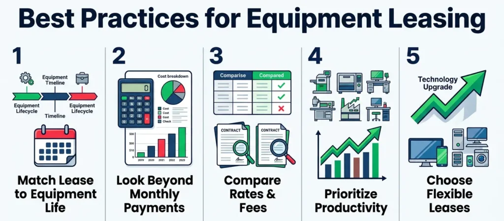 Infographic outlining equipment leasing best practices, including matching lease terms to equipment lifespan, evaluating total costs, comparing rates and fees, prioritizing productivity, and choosing flexible lease agreements.