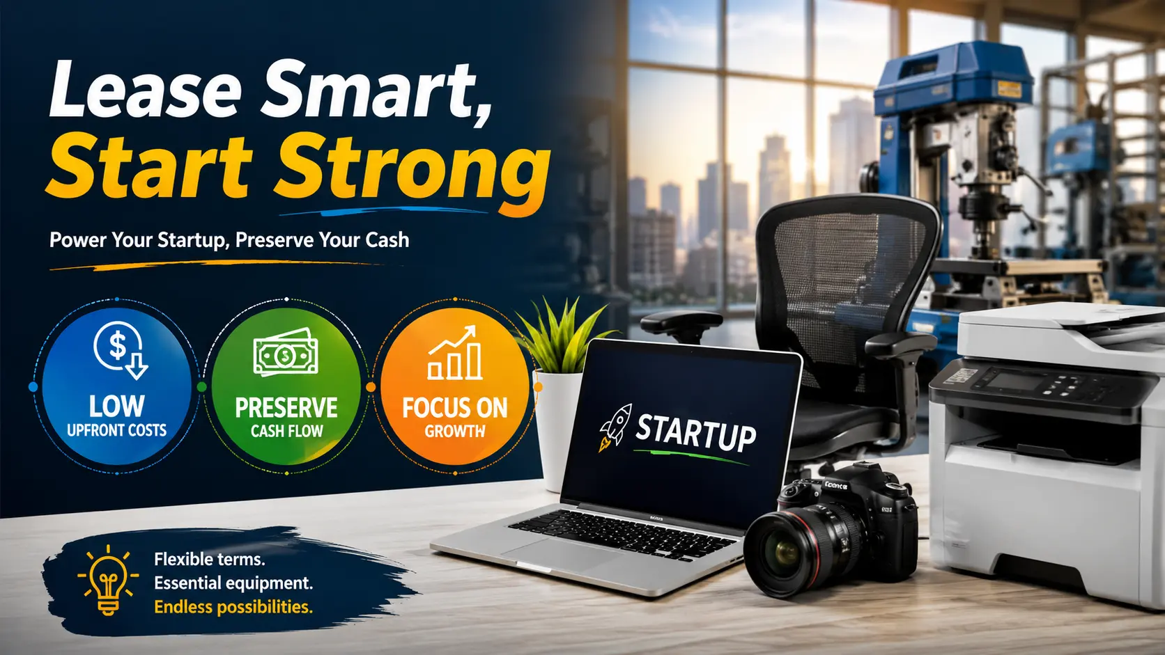 Startup office showcasing leased business equipment, including a laptop, printer, camera, and machinery, highlighting low upfront costs, improved cash flow, and growth opportunities through equipment leasing.