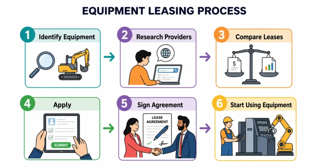 Step-by-step equipment leasing process infographic showing equipment selection, provider research, lease comparison, application submission, agreement signing, and equipment deployment.