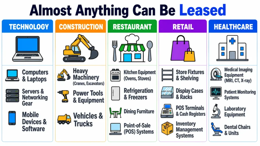 Infographic showing equipment leasing options across technology, construction, restaurant, retail, and healthcare industries, including computers, machinery, POS systems, medical equipment, and business technology.