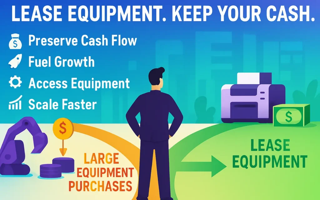 Illustration showing equipment leasing benefits for startups, including preserving cash flow, accessing equipment, fueling business growth, and scaling faster without large upfront equipment purchases.