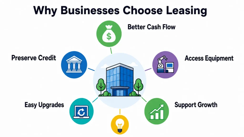 Infographic explaining why businesses choose equipment leasing, highlighting better cash flow, equipment access, business growth, credit preservation, and easy technology upgrades.