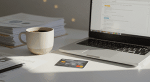 Workspace with laptop, coffee, and Canadian debit card representing Best Free Business Bank Accounts