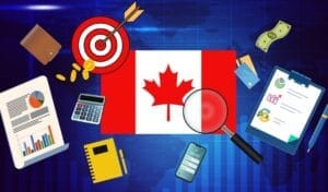 A vibrant illustration featuring the Canadian flag at the center, surrounded by symbols of business and finance: a magnifying glass, calculator, smartphone, notebook, pen, credit cards, gold coins, a briefcase, and a target with an arrow hitting the bullseye. The background showcases a stylized world map with blue gradients, emphasizing global economic themes.