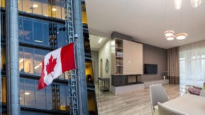 "An interior and exterior view of a modern building. The left side shows the exterior with large glass windows reflecting the surrounding environment, featuring a prominent Canadian flag waving in the wind. The right side depicts the interior of a sleek, contemporary living space with minimalist design elements. The room includes a fireplace with a built-in shelf above it, a flat-screen TV mounted on the wall, a dining area with white chairs and a