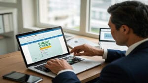 A professionally dressed man in a navy blue suit sits at a wooden desk, focused on a silver laptop displaying a credit management platform with 'CREDIT' prominently featured in green text. His hands navigate the keyboard and trackpad, while a smartphone rests beside him. Large windows behind him reveal a cityscape, emphasizing a modern office environment. The scene highlights engagement with digital financial tools for credit assessment or optimization.