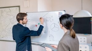 A professional man in a suit is standing at a whiteboard, actively writing and drawing diagrams while explaining data to a colleague. He is using a marker to illustrate a graph with percentages (30% and 70%) and a pie chart, indicating a discussion about financial or analytical information. The woman facing him, dressed in business attire, is attentively observing and holding a tablet, possibly taking notes or referencing additional data. The setting appears to be an office or meeting room, with a map on the wall in the background and a projector screen visible to the side. The scene conveys a collaborative work environment focused on data analysis and strategic planning.