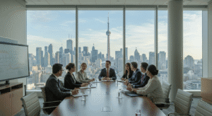 Corporate leaders in Toronto boardroom with CN Tower view during professional Leadership Training