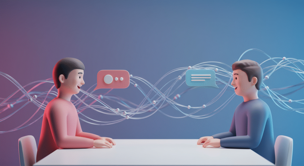 Two animated figures at a table with speech bubbles and flowing lines, symbolizing communication, representing an NLP Master Practitioner training session.