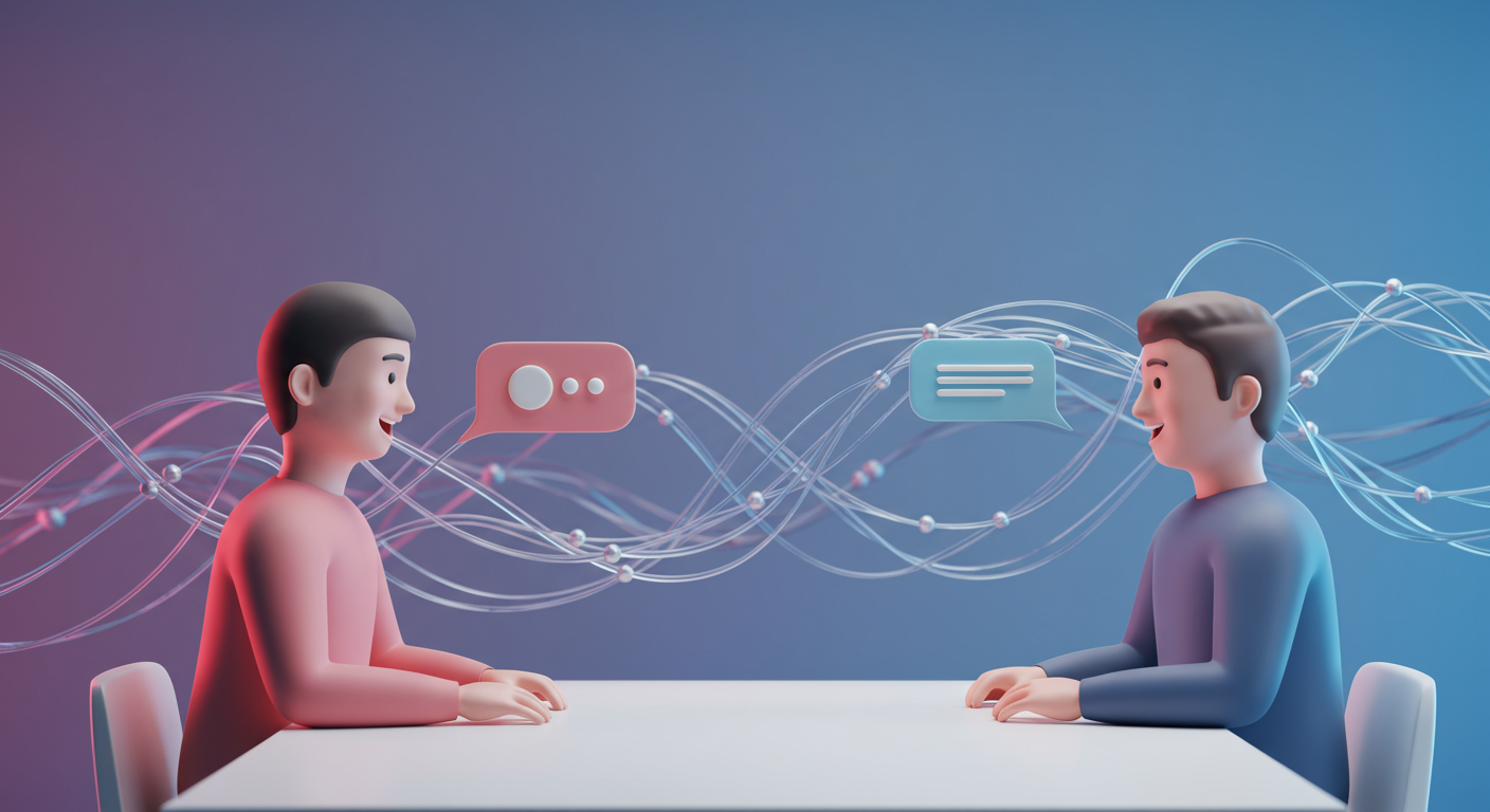 Two animated figures at a table with speech bubbles and flowing lines, symbolizing communication, representing an NLP Master Practitioner training session.