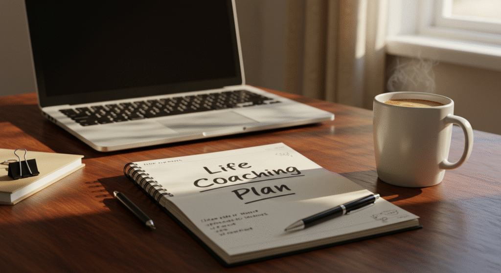 A desk with a laptop, a notebook labeled "Life Coaching Plan," a pen, and a steaming coffee mug, symbolizing a Life Coaching Business setup.